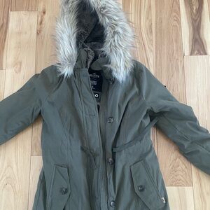 Hollister Olive Ski Jacket with Faux Fur Hood